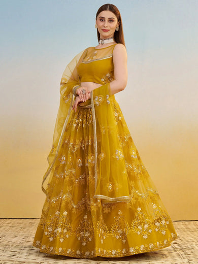 Sweet Mustard Yellow Thread Embroidered Net Haldi Wear Lehenga Choli